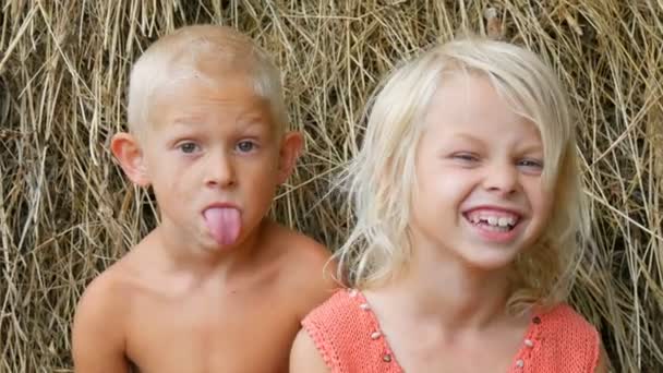 汚い顔で面白いブロンドの兄弟姉妹の子供が周りにだまされ、夏の日に村の干し草の山を背景にお互いに顔や角を作ります - 映像、動画