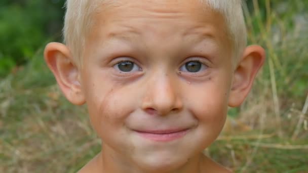 Kırsal alanda komik yakışıklı sarışın çocuğun kirli kirli yüzü portresi. Doğada Çocukluk - Video, Çekim
