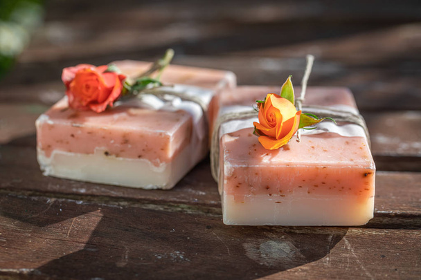 Healthy and natural rose soap wrapped in a string - 写真・画像