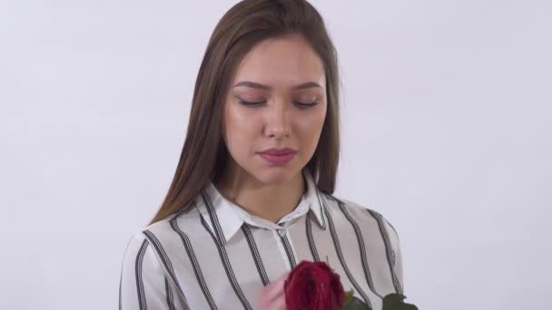 Unhappy young beautiful woman is very sad pulling up petals from the red amazing rose. - Filmati, video