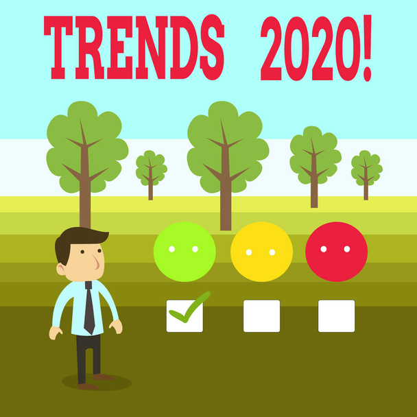 Word writing text Trends 2020. Business concept for general direction in which something is developing or changing White Male Questionnaire Survey Choice Checklist Satisfaction Green Tick. - Photo, Image