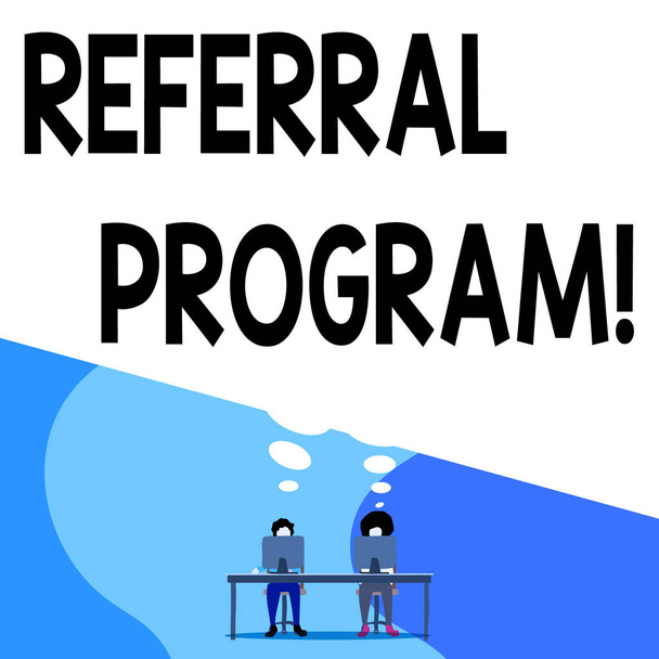 Conceptual hand writing showing Referral Program. Business photo text internal recruitment method employed by organizations Man with purple trousers sit on chair fellow near computer table. - Photo, Image