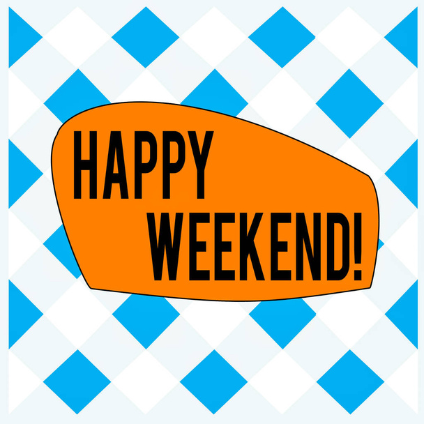 Conceptual hand writing showing Happy Weekend. Business photo text something nice has happened or they feel satisfied with life White and Blue Grid Cell in Straight Line Intertwined Pattern. - Photo, Image