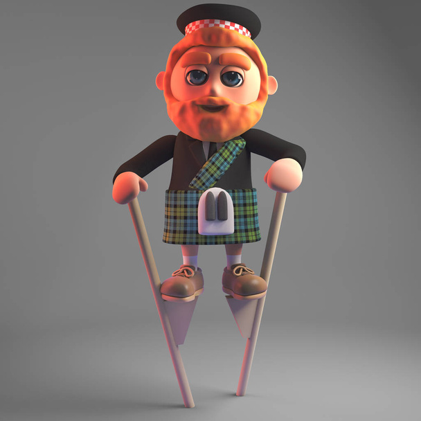Śmieszne kreskówki 3D szkocki człowiek w kilt za pomocą szczura, ilustracja 3D - Zdjęcie, obraz
