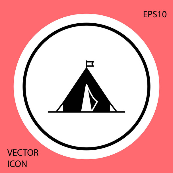 赤い背景に隔離されたフラグアイコンを持つ黒の観光テント。キャンプのシンボル。白い円のボタン。ベクトルイラストレーション - ベクター画像