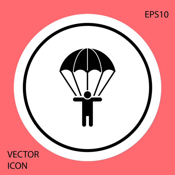 Black Parachute and silhouette person icon isolated on red background. White circle button. Vector Illustration - Vector, Image