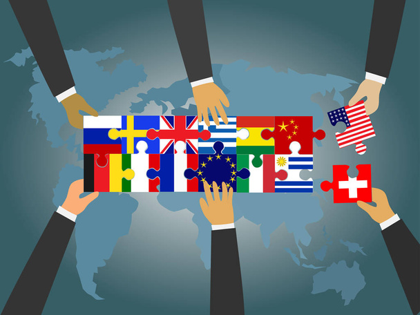 世界中の国々の指導者が国旗のジグソーパズルをつなげている。世界地図と青い背景を持つ。各種国家協力 - ベクター画像
