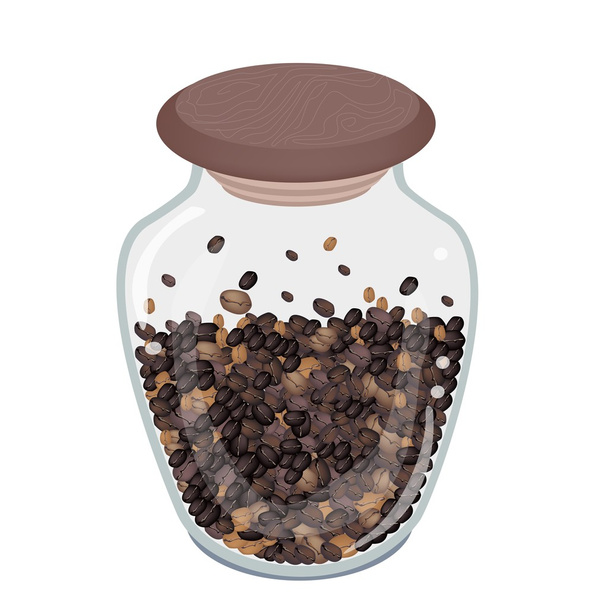 Divers types de grains de café torréfiés en bouteille de verre
 - Vecteur, image