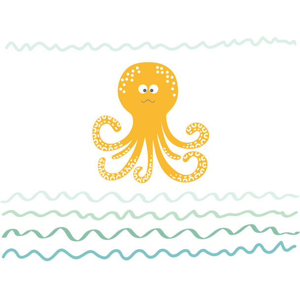 Sea abstract background with octobus. Hand drawn vector illustration for your design card or postcard, poster or travel, vacation or leisure, trip or tourism - Vector - Vector, afbeelding