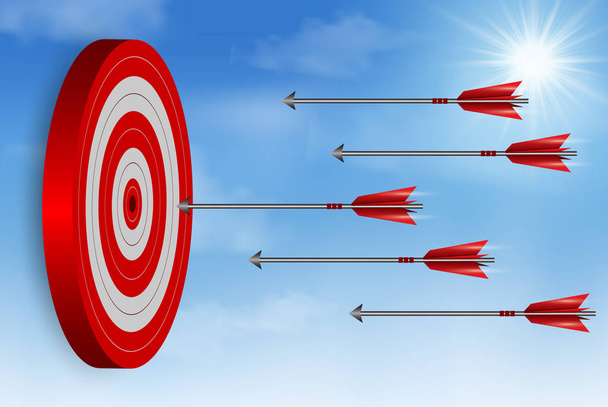 赤い1つの矢印は、ターゲットサークルのダーツ。ビジネスの成功の目標。に - ベクター画像
