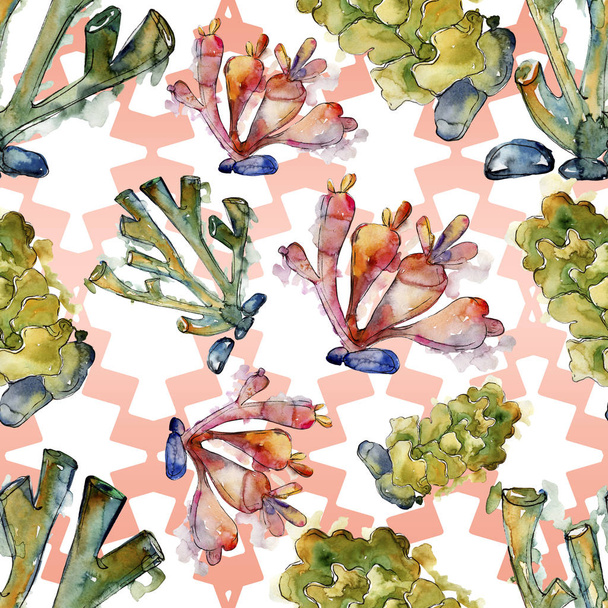Colorful aquatic underwater nature coral reef. Watercolor background illustration set. Seamless background pattern. - Foto, Imagem