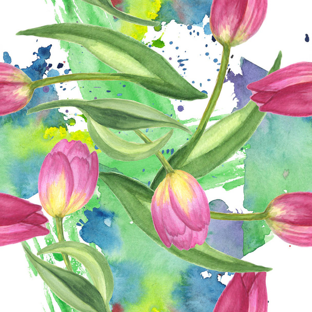 Purple tulip floral botanical flower. Watercolor background illustration set. Seamless background pattern. - Zdjęcie, obraz