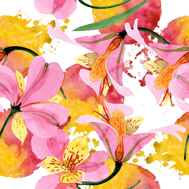 rosa Alstroemeria florale botanische Blüten. Aquarell Hintergrundillustration Set. nahtloses Hintergrundmuster. - Foto, Bild