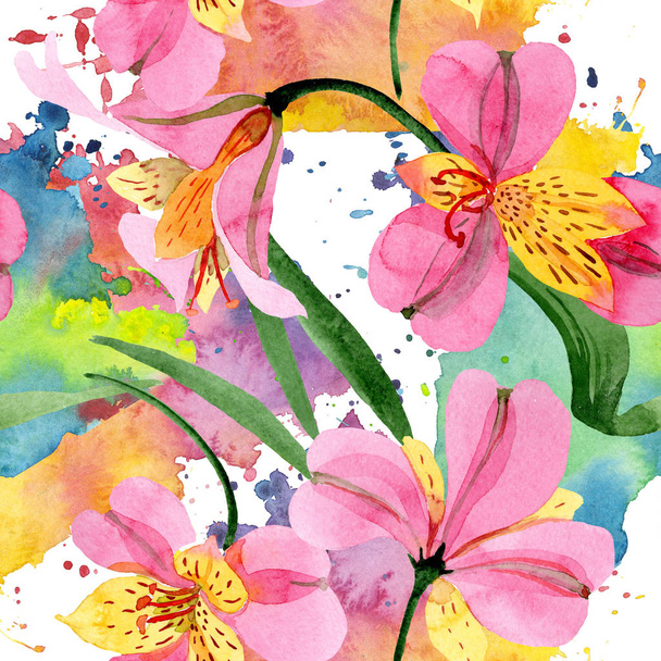 ピンクのアルストロエメリア花の植物の花。●水彩背景イラストセット。シームレスな背景パターン. - 写真・画像