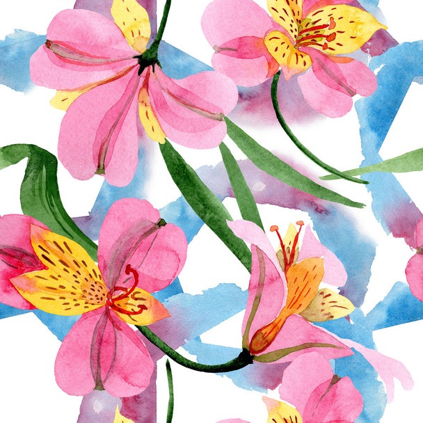 Pink alstroemeria floral botanical flowers. Watercolor background illustration set. Seamless background pattern. - Фото, изображение