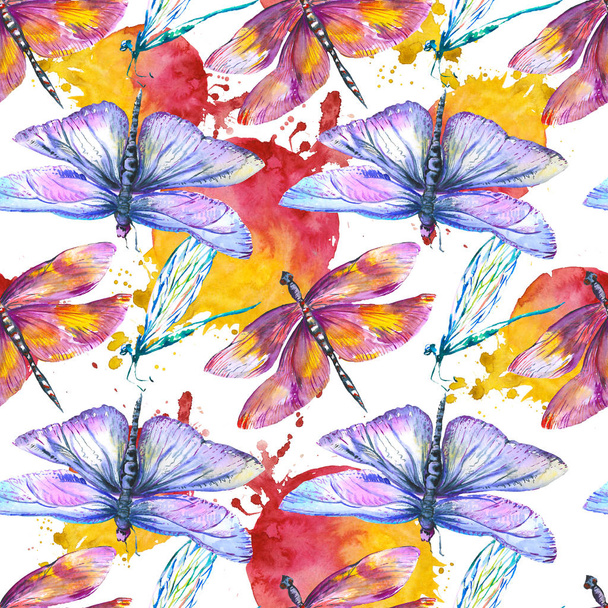Egzotikus szitakötő vad rovar. Akvarell háttér illusztráció meg. Folytonos háttérmintázat. - Fotó, kép
