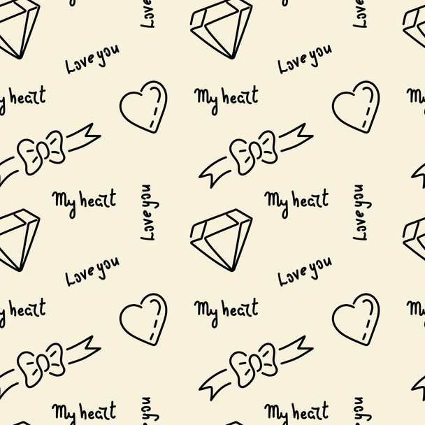 Doodle Hand Zeichnung nahtlose Muster. Worte, Phrasen über Liebe, Herzbänder, Schleifen, Diamanten. Vektorillustration. - Vektor, Bild