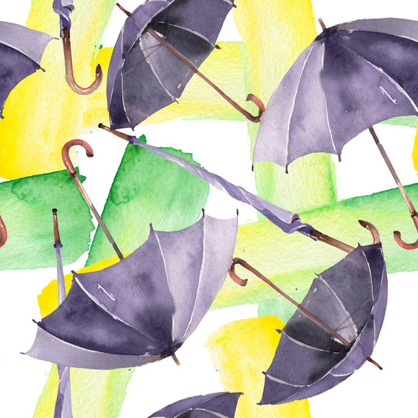 Black walking umbrella with. Watercolor background illustration set. Seamless background pattern. - Photo, Image