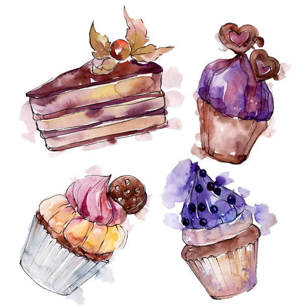 Tasty cupcake and dessert. Background illustration set. Watercolour drawing fashion aquarelle isolated. - Φωτογραφία, εικόνα