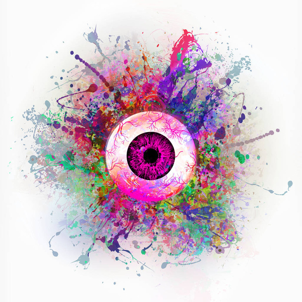 abstrakte Illustration mit bunten Farbspritzern mit Auge - Foto, Bild