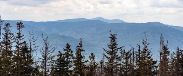 moravskoslezske beskydy Berge mit dem höchsten lysa hora Hügel von Waldlichtung unten velka cantoryje Hügel in slezske beskydy Berge in der Tschechischen Republik - Foto, Bild