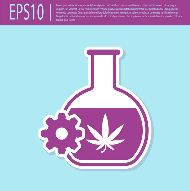 Retro paarse chemische reageerbuis met marihuana of cannabis blad pictogram geïsoleerd op Turquoise achtergrond. Onderzoeksconcept. Laboratorium CBD olie concept. Vector illustratie - Vector, afbeelding