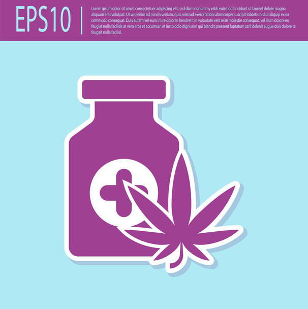 Retro lila Medizinflasche mit Marihuana oder Cannabisblatt-Symbol auf türkisfarbenem Hintergrund. Attrappe von Cannabisöl-Extrakten in Gläsern. Vektorillustration - Vektor, Bild
