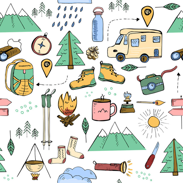 nahtloses Muster mit gezeichneten Elementen im Zusammenhang mit Wandern, Zelten und Reisen - Vektor, Bild