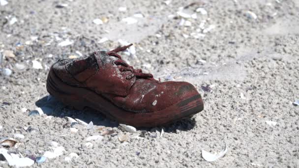 Old boot on the sandy seashore - Footage, Video