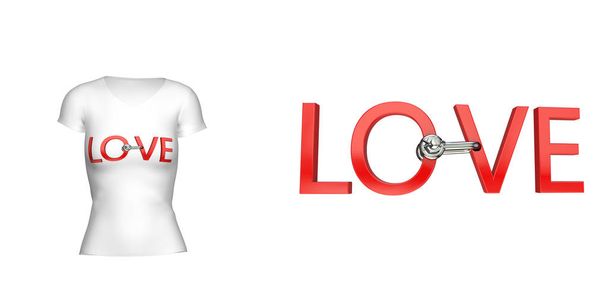 La inscripción "Amor" en la camiseta de las mujeres. Para mayor claridad, adjunta camiseta con esta inscripción. Fondo blanco aislado
 - Foto, imagen
