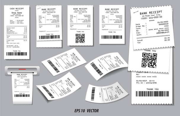 conjunto de recibo de venta de registro o recibo de efectivo impreso en el concepto de papel blanco
.   - Vector, imagen
