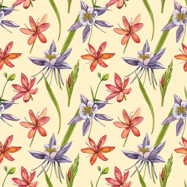Kafir Lilies flowers. Seamless patterns. Collection of hand drawn flowers and plants. Botany. Set. Vintage flowers. Watercolor set of flowers and leaves, hand drawn floral illustration isolated on a - 写真・画像