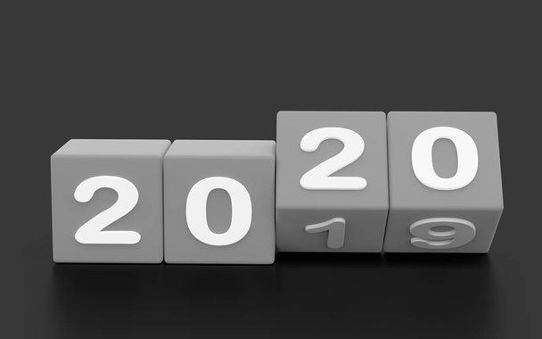 2020 Nuovo anno cambiamento, turno. 2020 inizio 2019 fine, dadi isolati su sfondo bianco. Illustrazione 3d
 - Foto, immagini