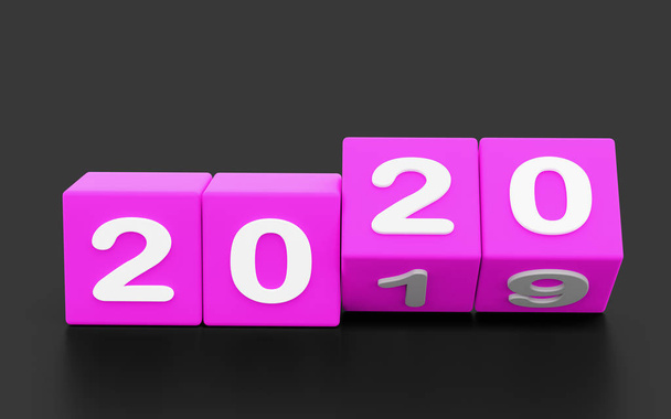 2020 Cambio de año nuevo, giro. 2020 inicio 2019 final, dados aislados sobre fondo blanco. ilustración 3d
 - Foto, imagen