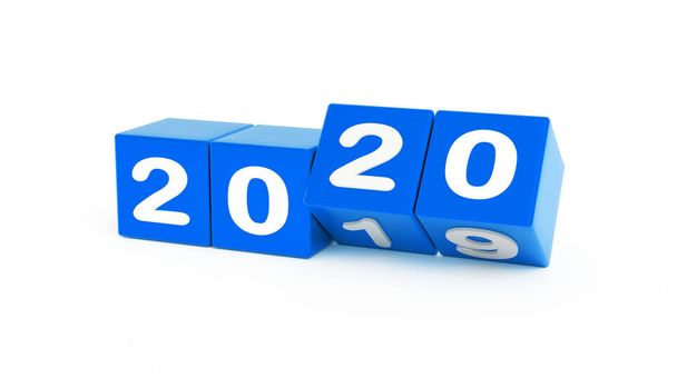 2020 nová změna roku, otočte se. 2020 Start 2019 konec, kostky izolované od bílého pozadí. 3D ilustrace - Fotografie, Obrázek