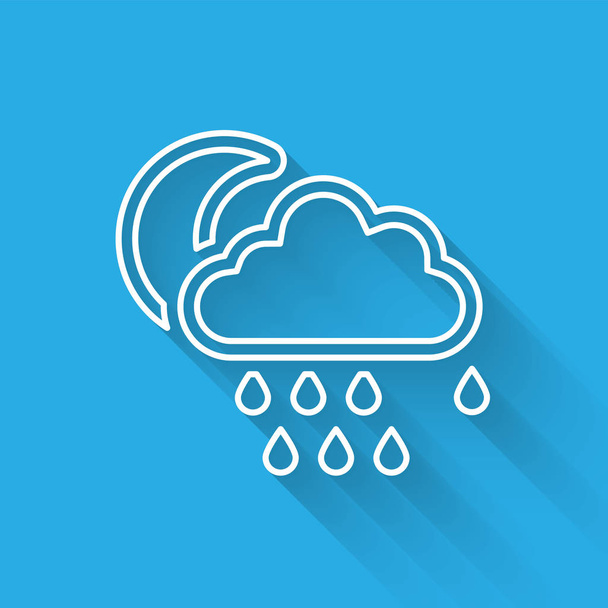 Ligne blanche Nuage avec icône de pluie et de lune isolé avec une ombre longue. Précipitation de nuages de pluie avec gouttes de pluie. Illustration vectorielle
 - Vecteur, image