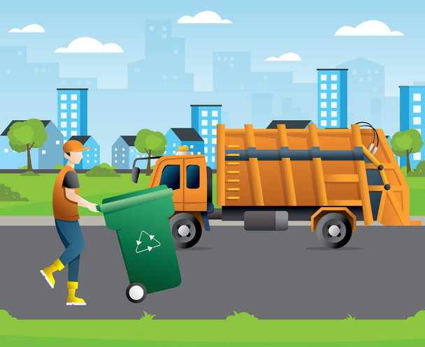 City waste recycling concept with garbage truck and garbage collector - Vector, Image