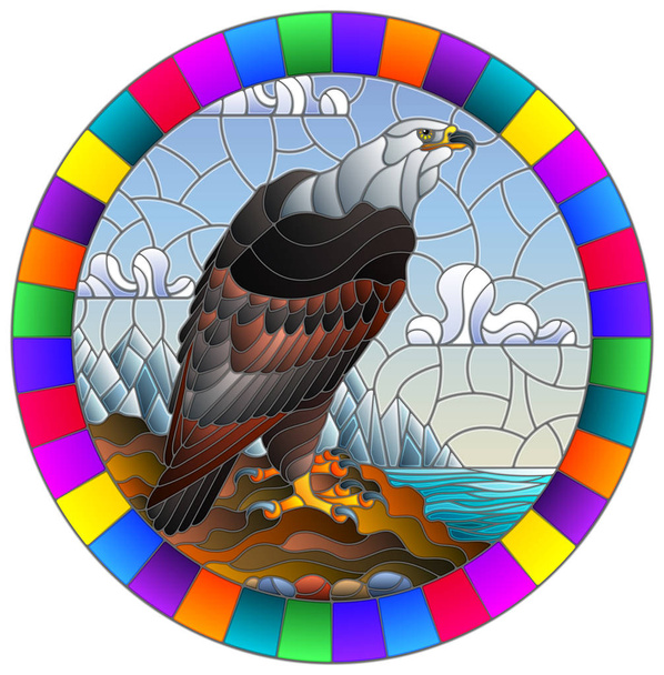 Ilustración en estilo vitral con águila abstracta sobre fondo paisajístico con montañas, mar y cielo, imagen ovalada en marco brillante
 - Vector, Imagen