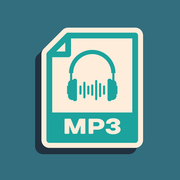 Dokument pro zelenou soubor MP3. Ikona tlačítka MP3 Stáhnout je izolovaná na modrém pozadí. Symbol formátu MP3 Music. Symbol souboru MP3. Dlouhý styl stínu. Vektorová ilustrace - Vektor, obrázek