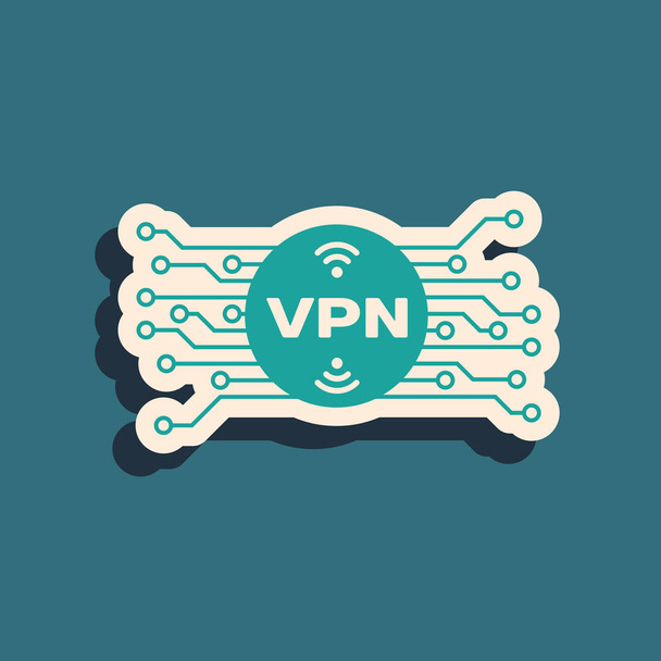 Zöld VPN kör mikrochip áramkör ikon izolált kék háttér. Hosszú árnyékstílus. Vektoros illusztráció - Vektor, kép