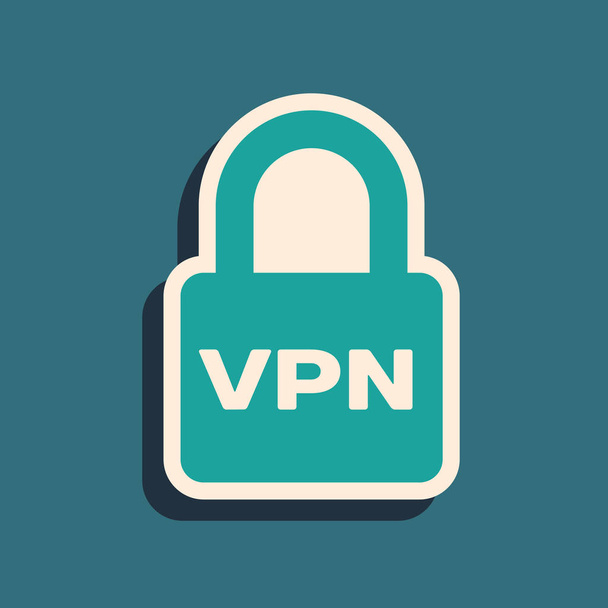 Green Lock VPN icon isolated on blue background. Long shadow style. Vector Illustration - Vector, Image