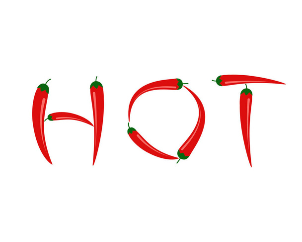 Απεικόνιση διάνυσμα κόκκινων Τσίλι πιπεριές σε «Hot» κείμενο απομονώθηκε σε λευκό φόντο - Διάνυσμα, εικόνα