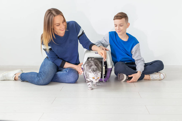 Positiivinen hyvännäköinen äiti ja poika lanseeraavat kauniin harmaan Scottish Fold kissan uuteen asuntoonsa muuton jälkeen. Tupaantuliaiskäsite
. - Valokuva, kuva