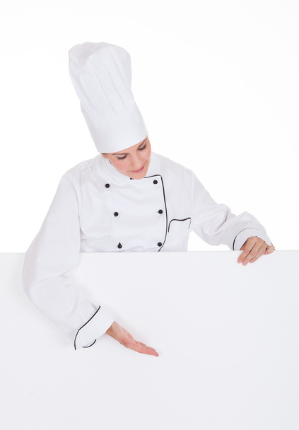 Female Chef Showing Blank Placard - Fotoğraf, Görsel