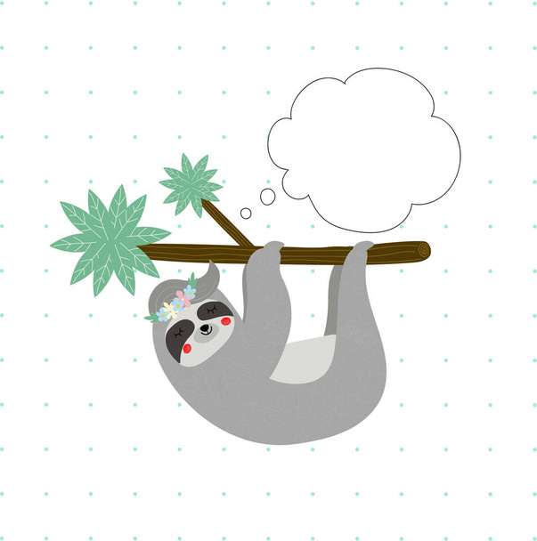 смішний лінивець у квітковому вінку спить висить на дереві
 - Вектор, зображення