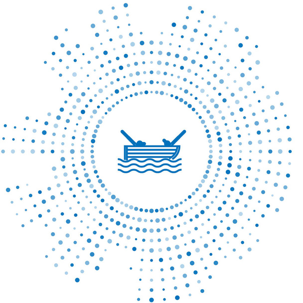 Línea azul Barco de pesca con caña de pescar en el icono del agua aislado sobre fondo blanco. Puntos aleatorios de círculo abstracto. Ilustración vectorial
 - Vector, Imagen