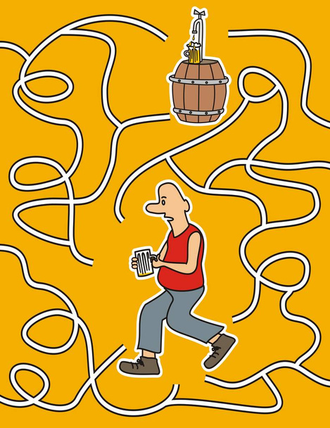 Mensch und Bier, Labyrinth, Brettspiel, Vektorillustration. Mann auf der Suche nach dem richtigen Weg zur Bar. - Vektor, Bild