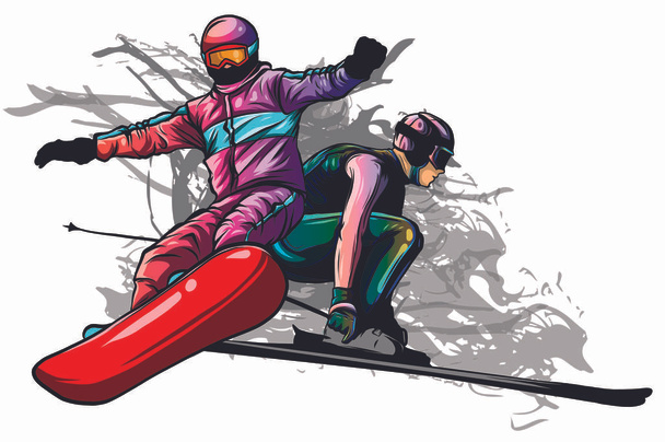 Snowboard sporu koleksiyonu, kayakçılar vektör illüstrasyonu - Vektör, Görsel