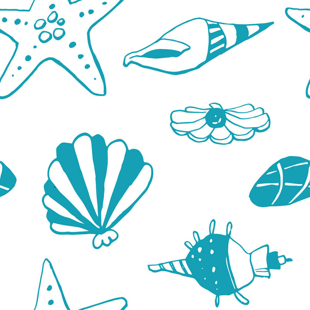 Collection of sea shell ink doodles on white backdrop. Seamless pattern. Endless texture. Can be used for printed materials. Underwater  background. Hand drawn design elements. Festive print. Wallpaper. - Vector, Image