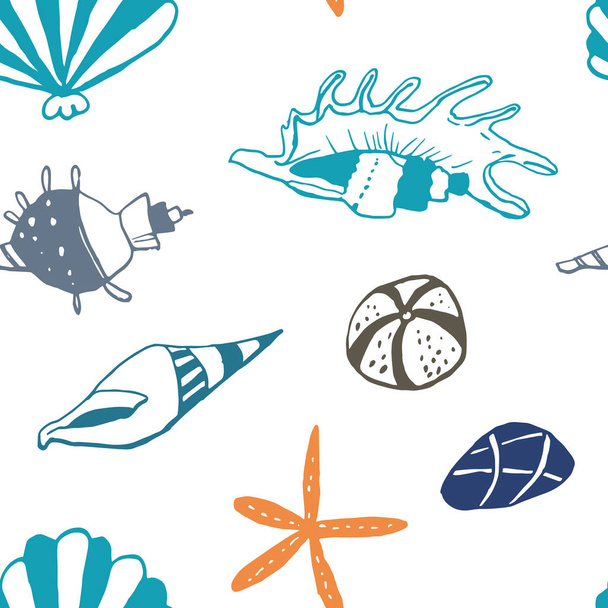 Gyűjtemény a tengeri kagyló tintával Doodles fehér háttérben. Folytonos mintázat. Végtelen textúra. Nyomtatott anyagokhoz használható. Víz alatti háttér. Kézzel rajzolt design elemek. Ünnepi Print. Háttérkép. - Vektor, kép